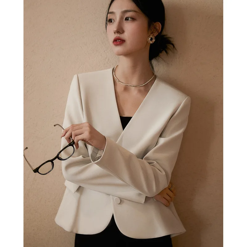 BOWEYLUN Autumn New Casual V-neck Suit Women French  Ruffle Swing Triple Acetate Suit Short Jacket Female