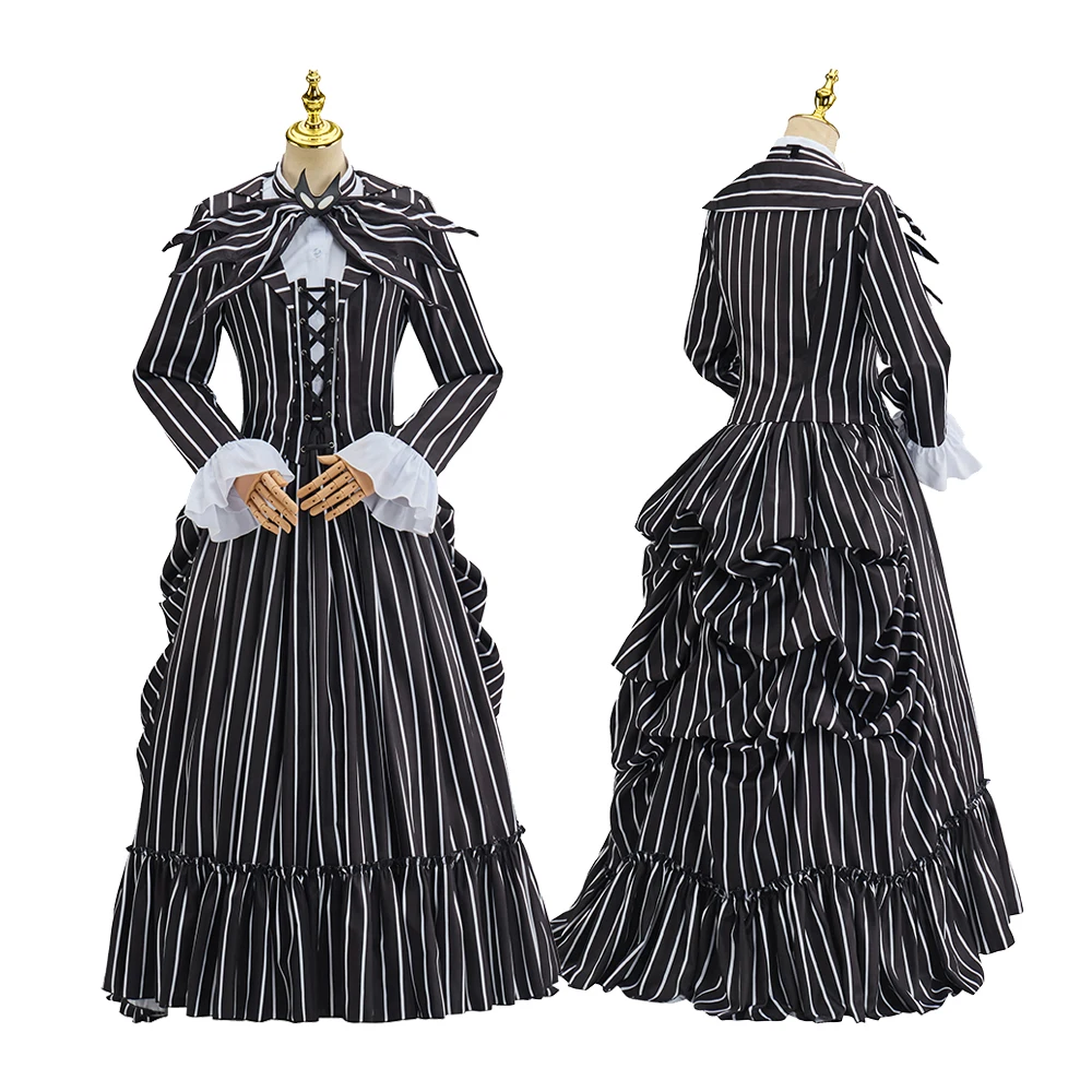 

Женский костюм Джека для косплея, платье со скелетом, викторианское готическое полосатое платье с метушкой, наряды на Хэллоуин, карнавал, кошмар