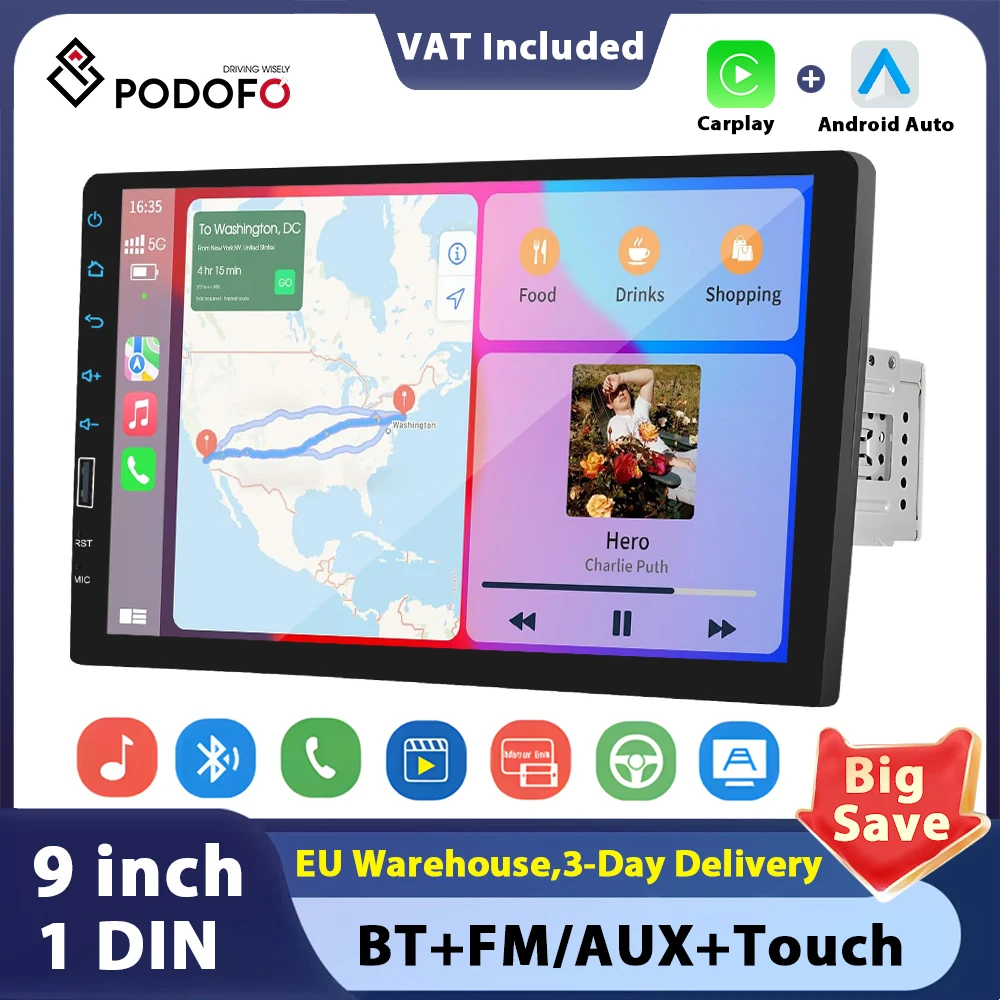 Podofo 9 ''autoradio stéréo 1 Din Carplay Android autoradio automatique avec Bluetooth FM Radio récepteur Support miroir lien USB