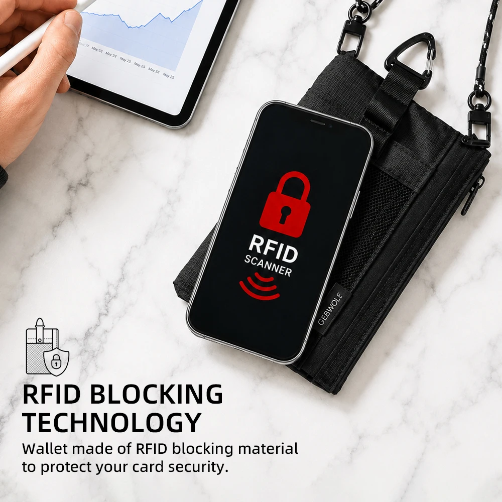 RFID-blockierende Reisebrieftasche mit Pass- und Handyfach, abnehmbarem Trageband und Schlüsselring, leichte Reisebrieftasche. – Detail 2