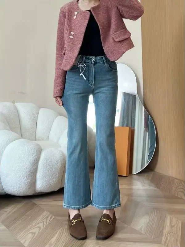 Light Blue High Waist Bell Bottom Jeans Women's Autumn New plus Size Slim Fit Skinny Small Nine Point Flared Pants