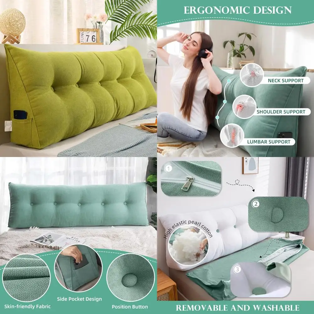 

Queen Size Triangular Wedge Pillow for Bed Sitting, Backrest Support Cushion, Removable Reading Pillow in Green