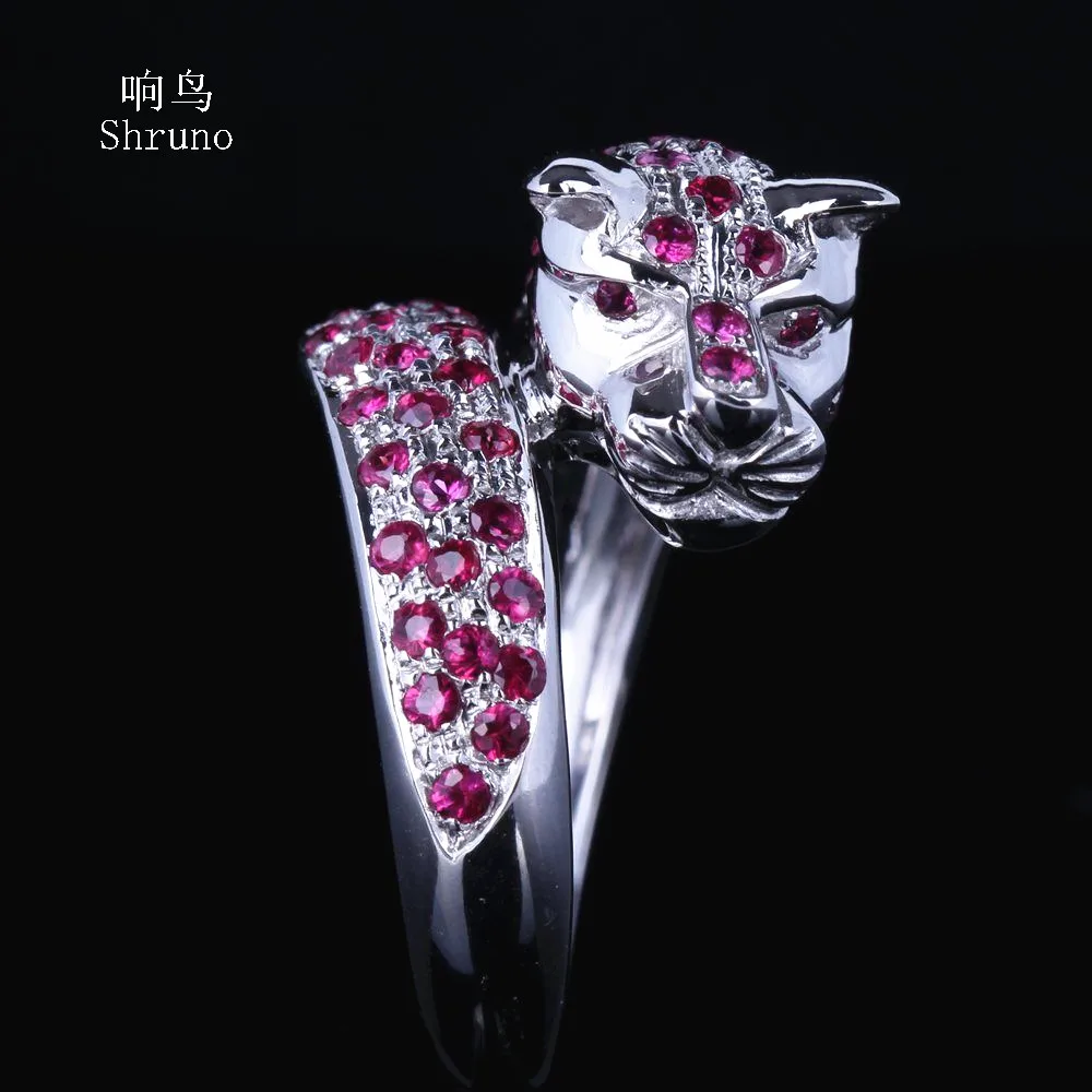 

Shruno Solid 14k White Gold Leopard 0.95CT Genuine Ruby Ring New Design Animal Stylish Jewelry For Women Men Gemstone Band