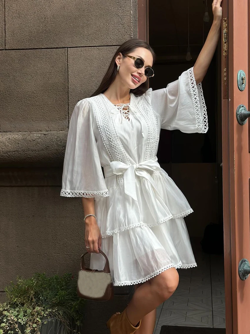 Marthaqiqi Elegant Women Sleepwear Sexy V-Neck Pajama Lace Up Nightie Three Quarter Sleeve Nightwear Mini Dress Ladies Nightgown