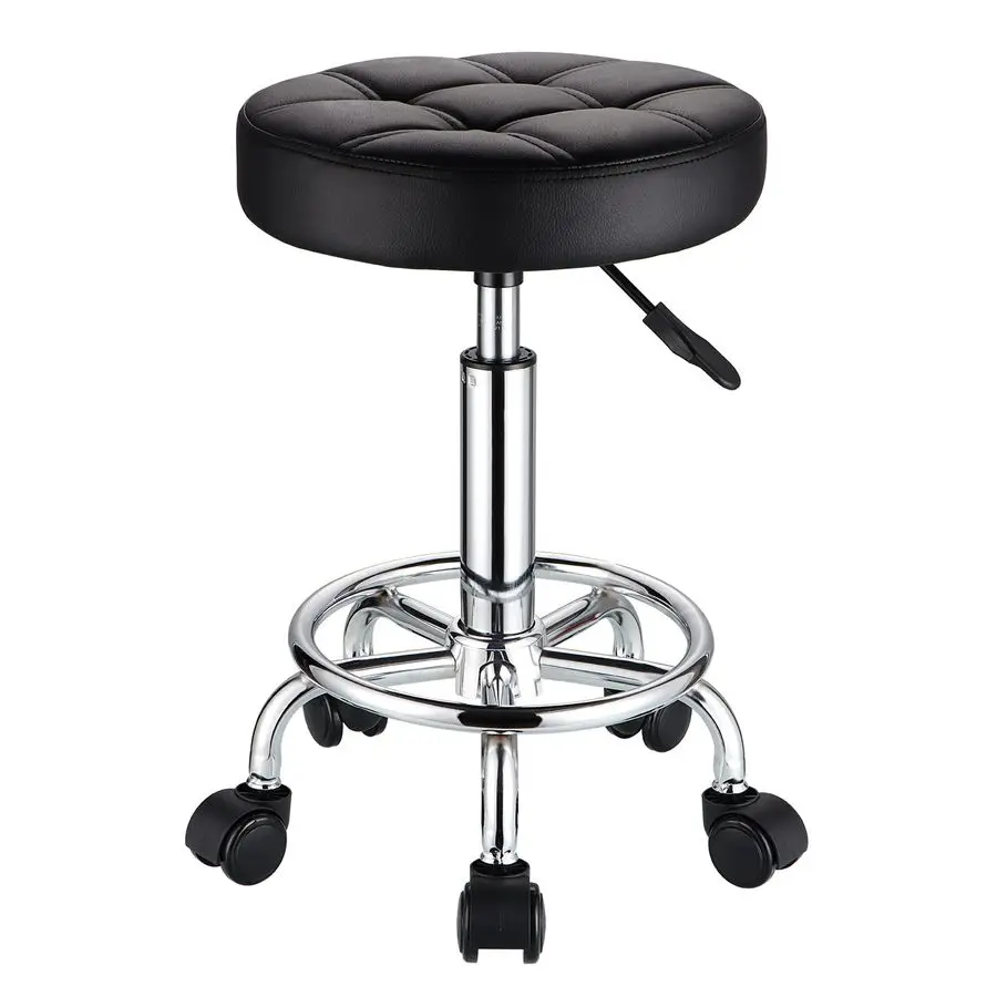 Rolling Stools PU Leather Seat Height Adjustable Swivel Stool with Wheels Black