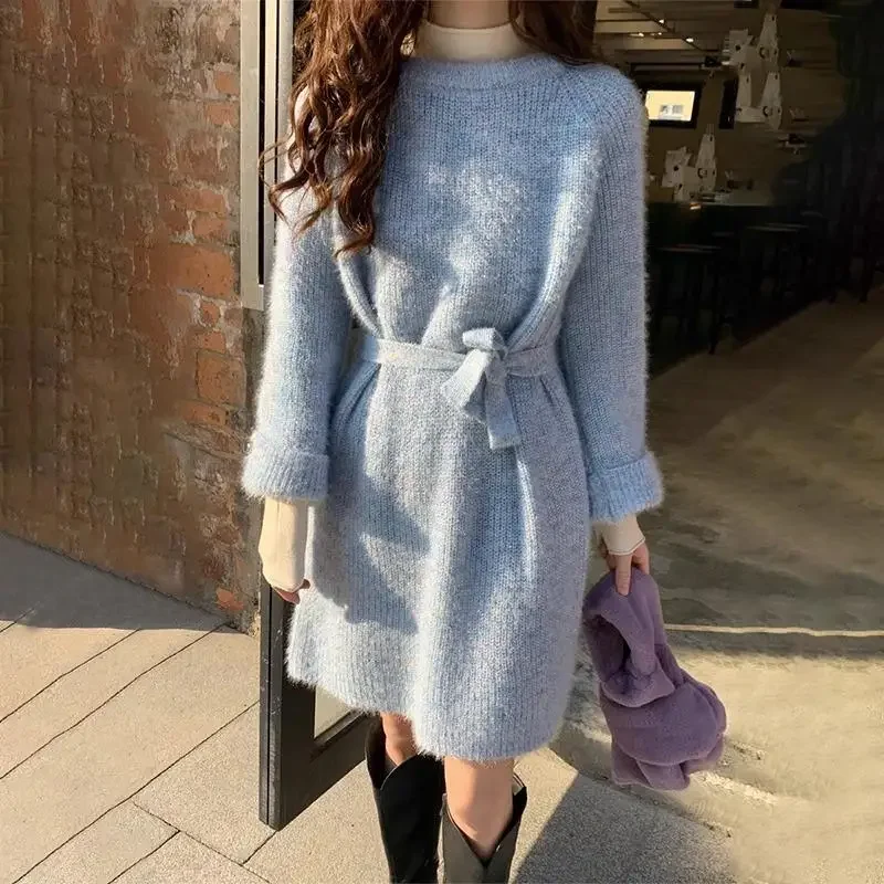 Dzianinowe sukienki damskie Solidne sznurowane A-line O-neck Midi Winter Korean Style Warm Sweet Lovely Chic Loose All-match 4 Colors S-3XL