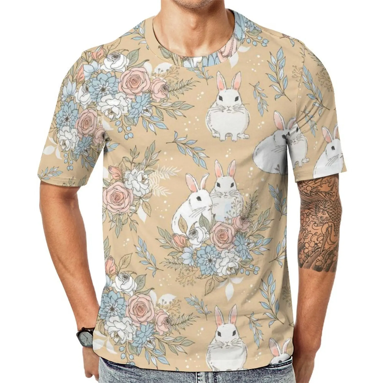 Cute Easter T Shirt For Male Floral Bunnies Print Graphic O Neck T-Shirts Summer Fashion Clothing Classic Oversize Tee Shirt