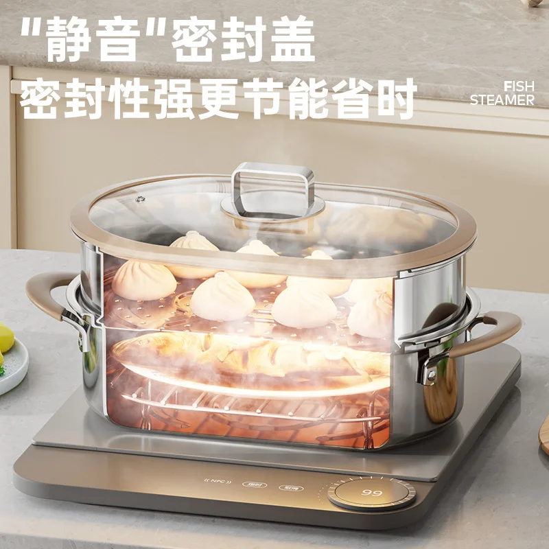 Household thickened multi-layer 304 stainless steel timed fish steamer, multi-functional double-layer cooking pot with steamer
