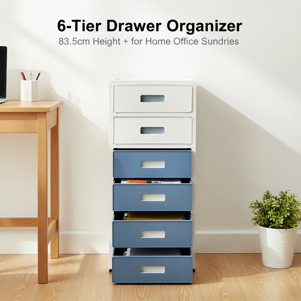 

﻿6-Tier Drawer Organizer 32.9in Height Plastic Storage Cabinet Pulley Movable Drawer Storage Box for Home Office Sundries