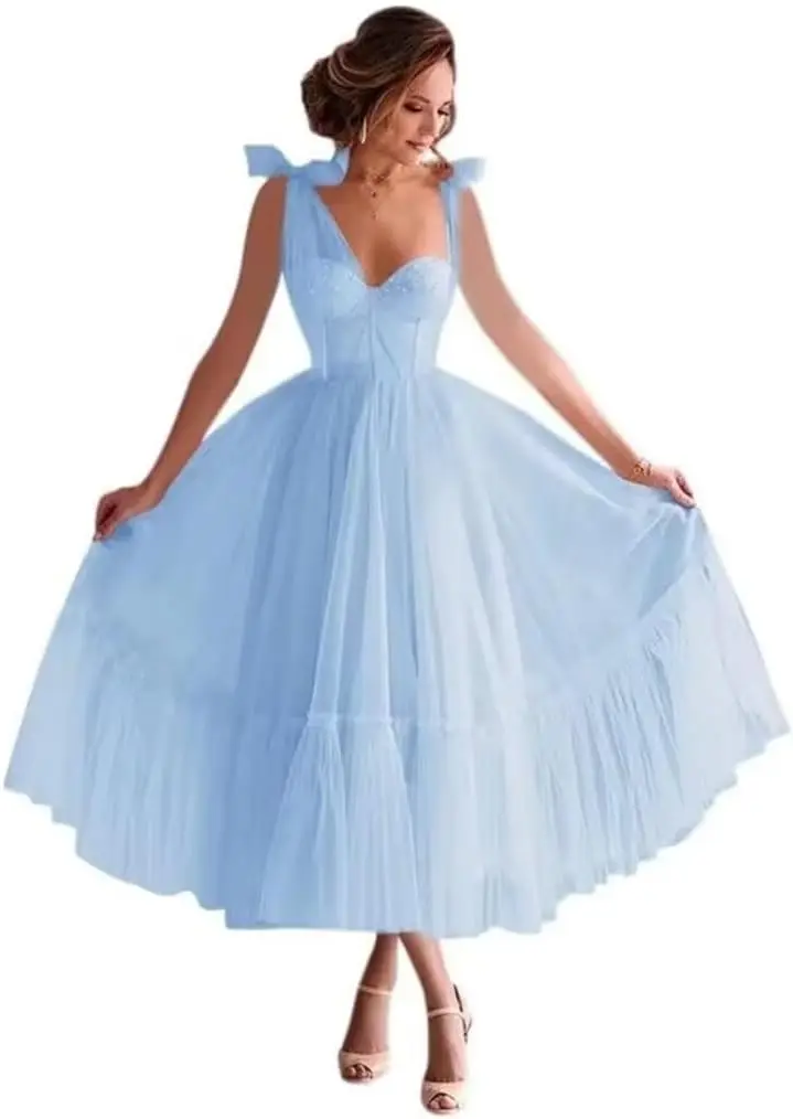 

Платье для выпускного вечера чайной длины, элегантное платье подружки невесты с бантом и бретельками, тюлевое трапециевидное вечернее платье для выпускного вечера, вечерние платья