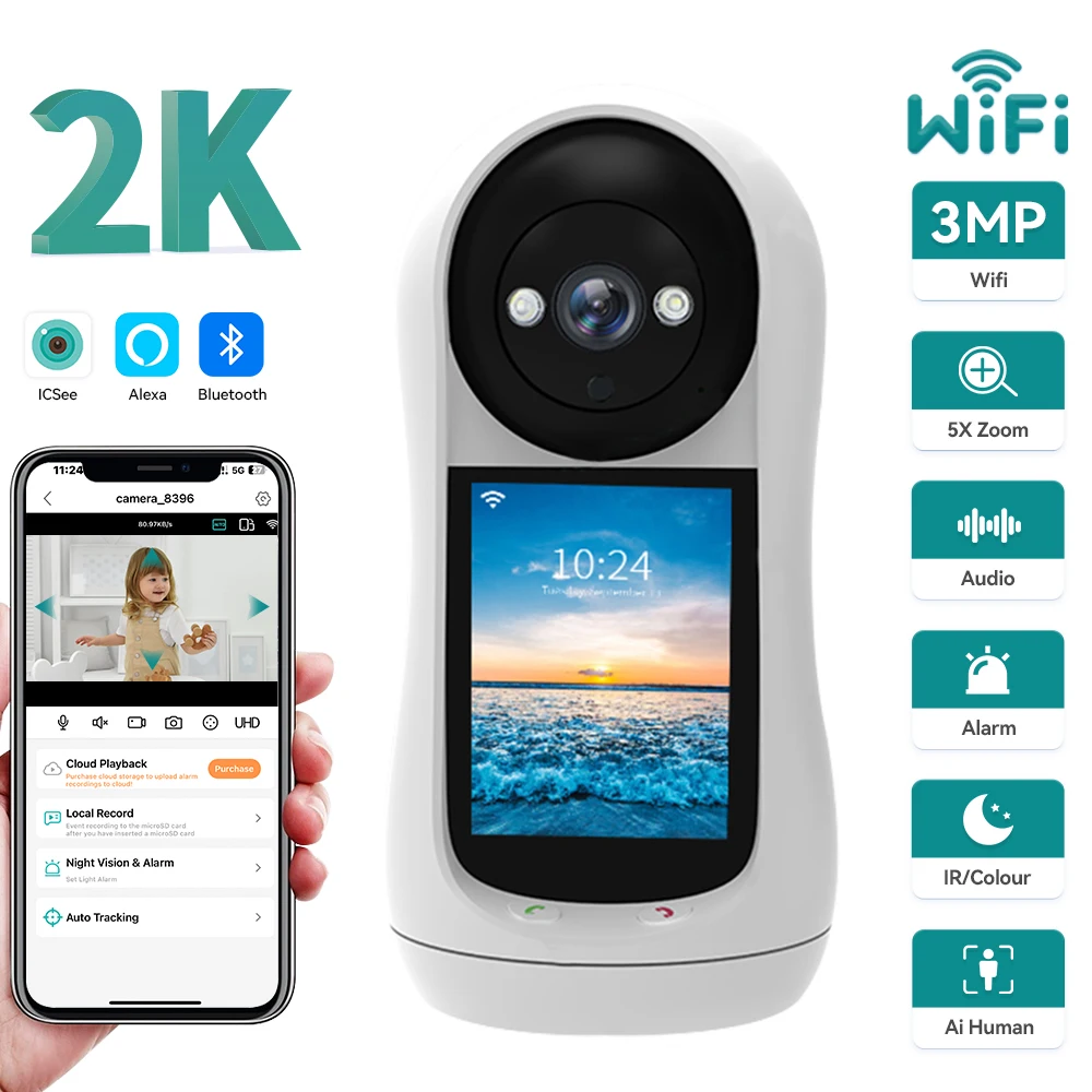 

HD 3MP PTZ Wifi Camera Video Call with 2.8 Inch IPS Screen Baby Cry Sound Detection Baby Monitor Home Security IP Camera iCSee