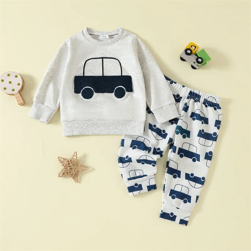 Baby Boy Fall Outfit, Car Embroidery Long Sleeve Pullover Sweatshirt Elastic Waist Pants 2 Piece Set