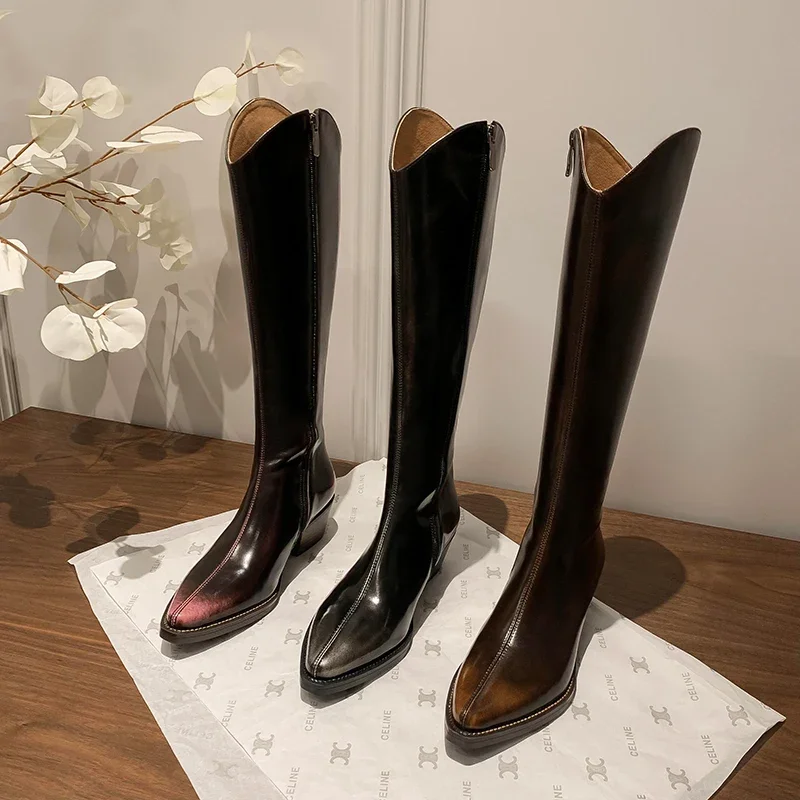 Sexy Polished Western Cowboy Boots Pointed Head Square Heel Zipper Slim Knight Boots Leather Custom Chelsea Women's Boots