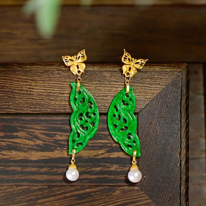 

18K Gold Natural Grade A Intense Green Dry Jadeite Butterfly Earrings - Natural Pearl Chinese Style Drop Earrings