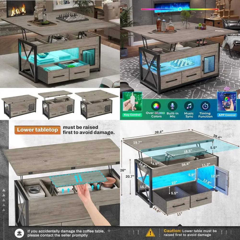 

Журнальный столик 4-в-1 в стиле фермерского дома с подъемным верхом и шкафом для хранения для гостиной — решение для небольшого пространства