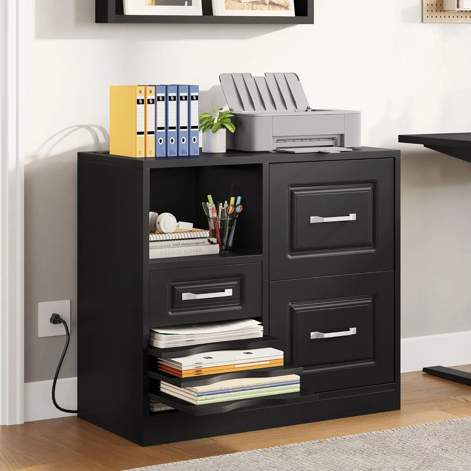 3 Drawer File Cabinet, Filing Cabinet with Charging Station, Printer Stand with Open Storage Shelves, Fits for A4, Letter