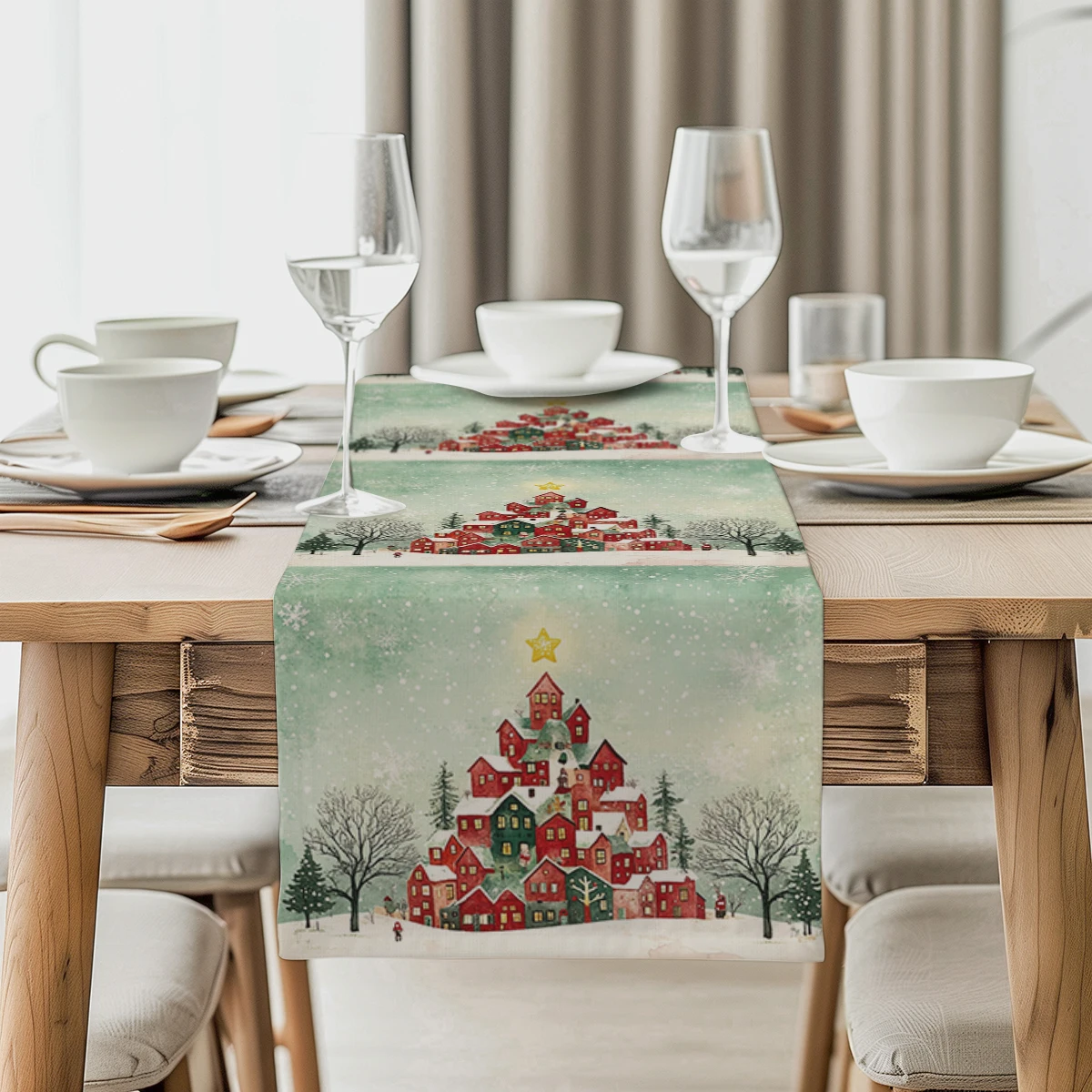 

Christmas Cottage Christmas Tree Table Runners Kitchen Table Decoration Washable Dining Table Runner Wedding Party Decorations