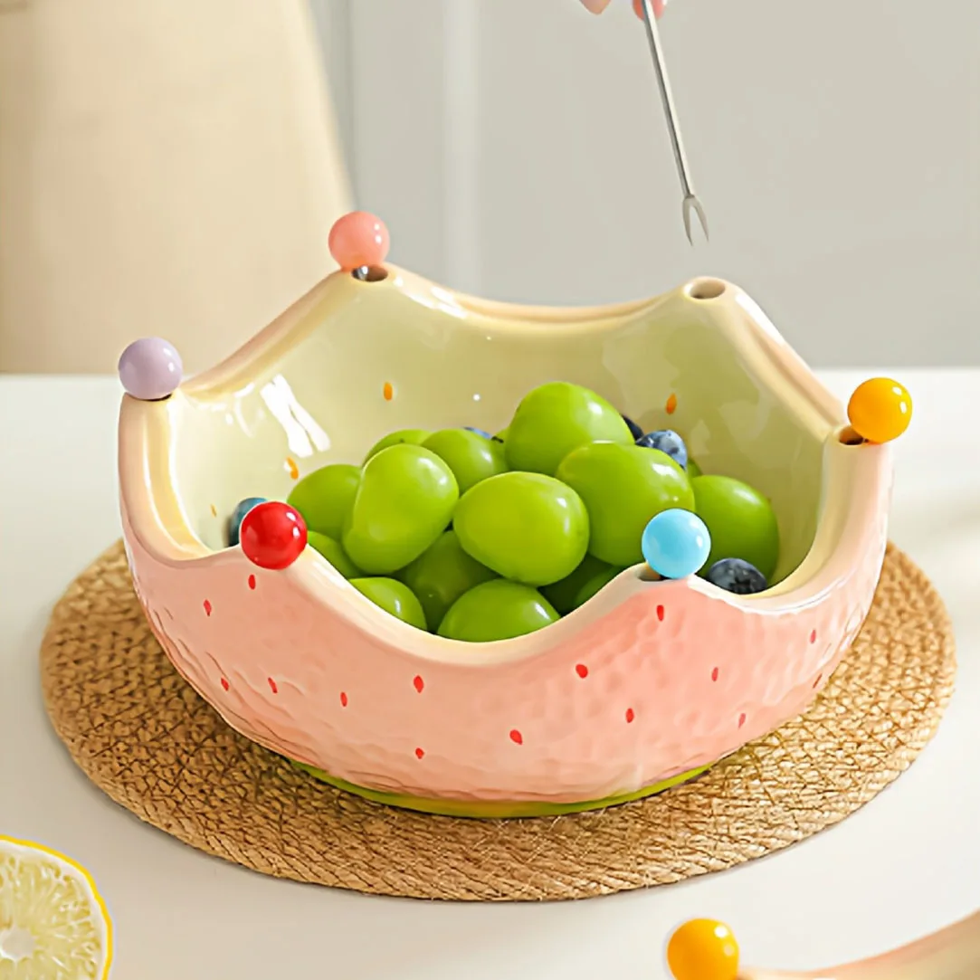 

Strawberry Style Large Capacity Fruit Platter High Temperature Fired Ceramics Stainless Steel Fruit Fork Dining Table Decoration