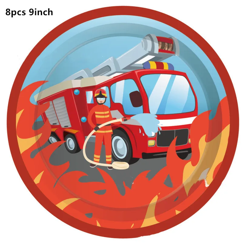 Fireman Party Tableware Plates Cups Napkin Fire Engine Tablecloth Kids Boys Firefighter Themed Birthday Party Decor Supplies