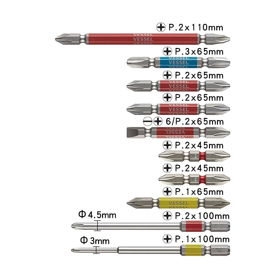 VESSEL Screwdriver Bit Set for Phillips and Slotted Screws 1/4 Inch Hex Shank S2 Steel Magnetic 10 Pieces NO.GS10P-01