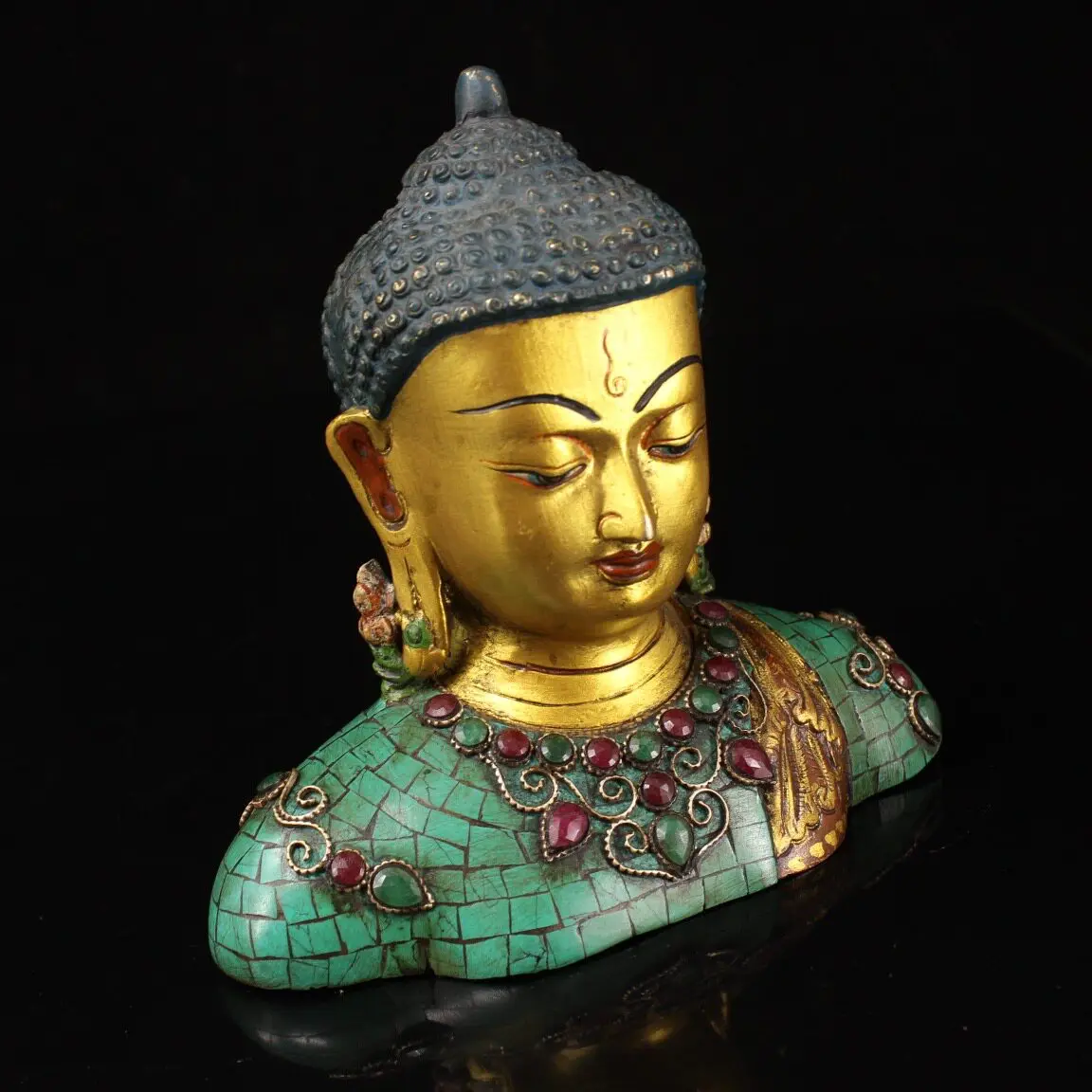 Nepal Pure Copper Shakyamuni Buddha Bust Gem Inlaid Painted Home Altar Decor Collectible