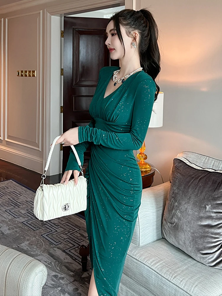 봄 가을 여성 이브닝 드레스 반짝이는 스팽글 시크 섹시 브이넥 주름 바디콘 미디 파티 클럽 프로모션 드레스 신축성 있는 여성 의류