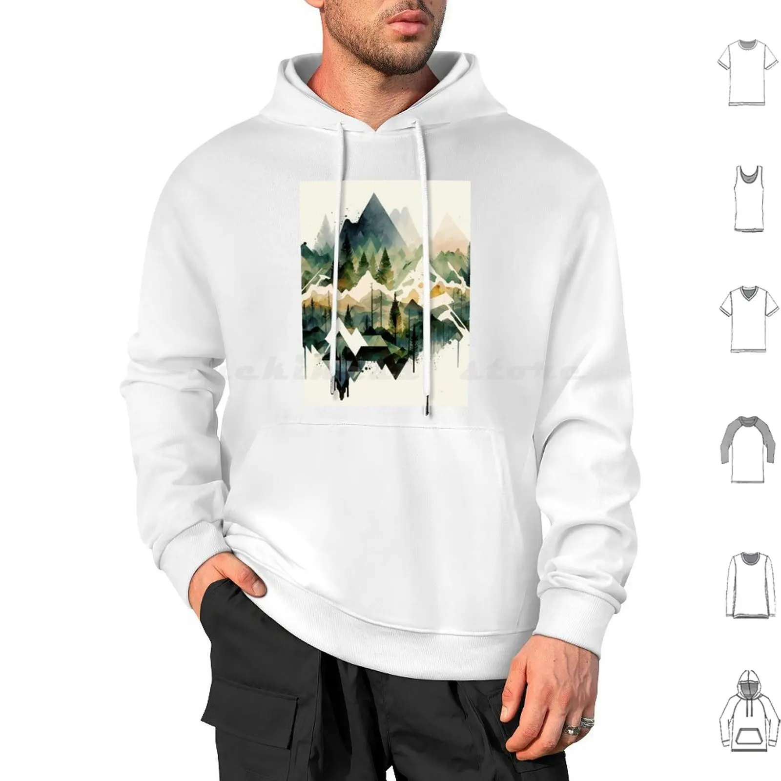 Mountain Geometric Shapes Watercolor Hoodies Long Sleeve Mountain Nature Mountains Adventure Forest Hiking Outdoors