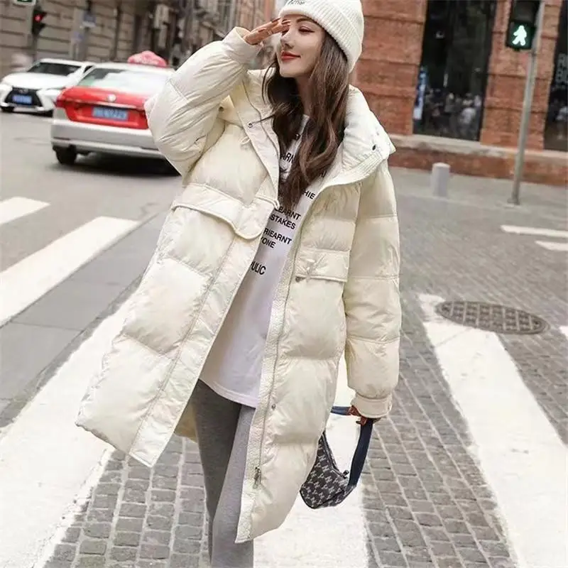 Women\'s Long Hooded Warm Jacket, 90 Duck Down Jacket, Casual Parka Coat, Pure Colour, Ox Horn Button, Loose, Fashion