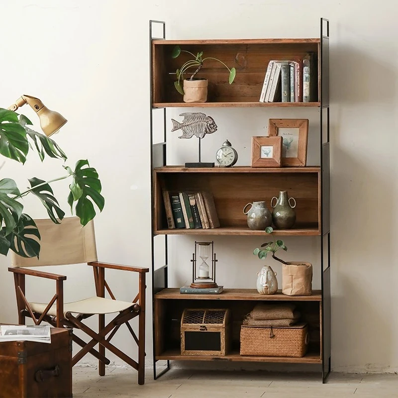 Nordic Antique Style Wrought Iron Bookcase Floor Industrial Style Display Stand