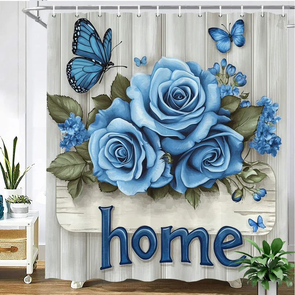 

Beautiful blue rose flowers butterfly pattern printed fabric shower curtain bathroom curtain,home decoration curtain with hooks
