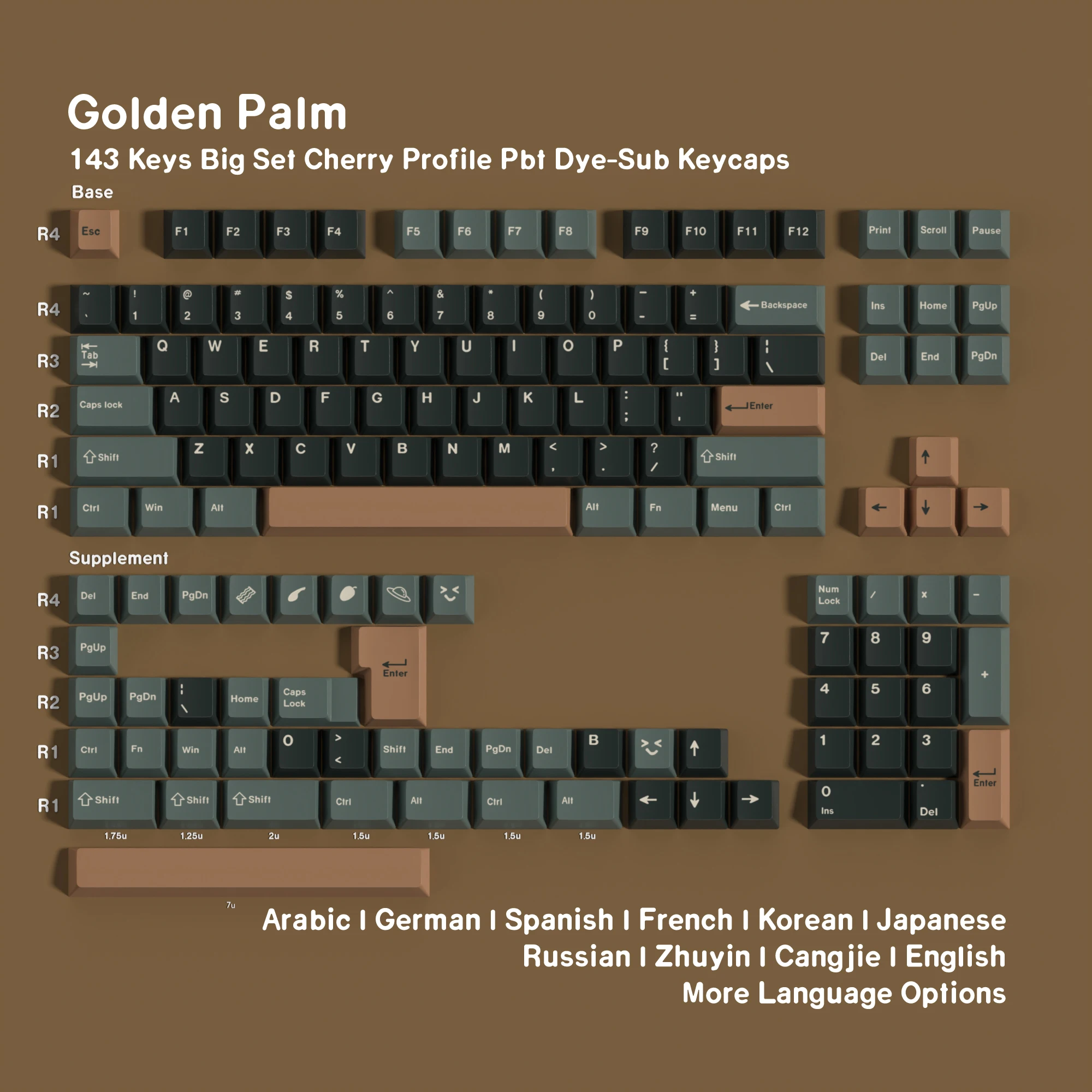 Golden Palm Dye Sub Mechanical Keyboard Keycaps Set 143 Keys German Korean Spanish Arabic French Russian ABNT-2 Big Collection - view 5