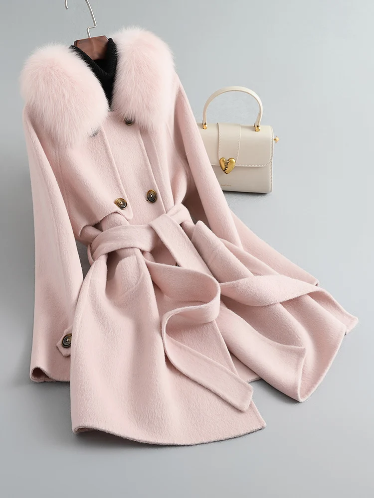 

High end double-sided cashmere coat, women's medium length, 2023 fur collar, camel wool, Korean version wool coat