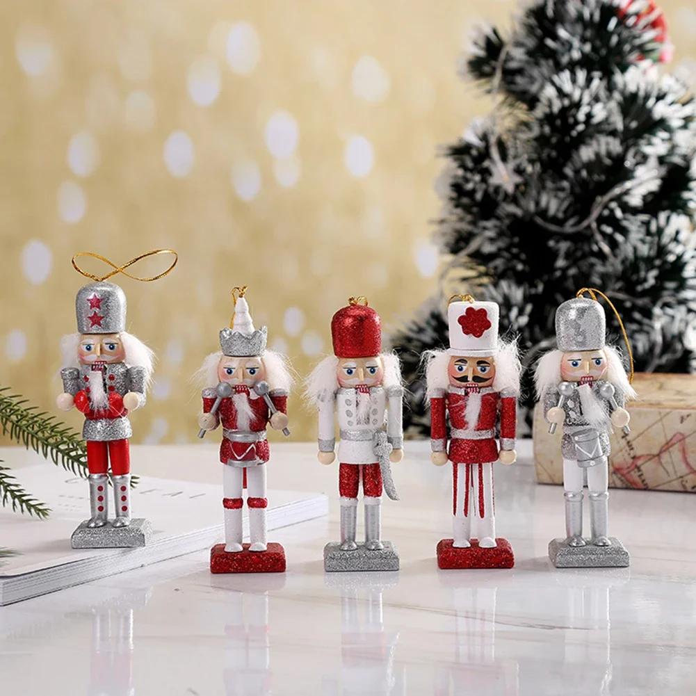 5Pcs Wooden Nutcracker Soldier- Puppet Christmas Tree Pendant Desktop Ornament Glittering Powder Doll New Year Home Decoration