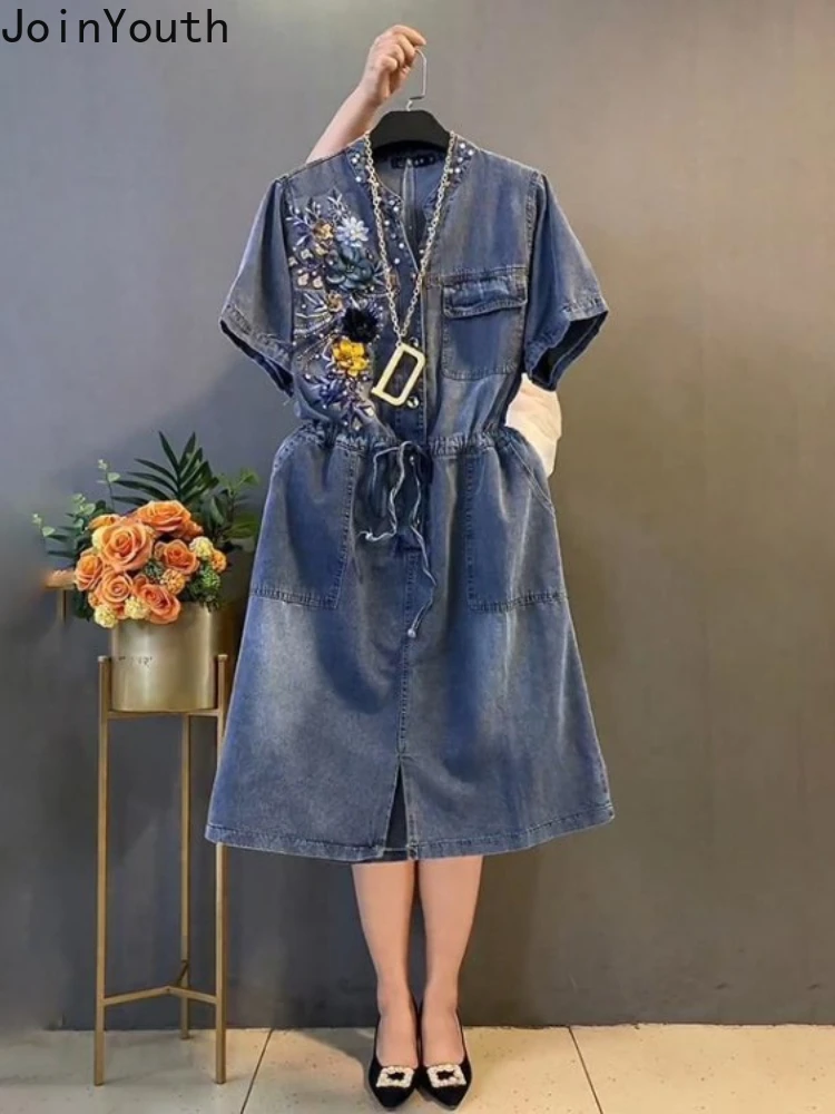 Vintage Denim Dresses for Women Heavy Beading Slim Waist Robe Femme 2024 Vestidos De Mujer Fashion Casual Summer Oversized Dress