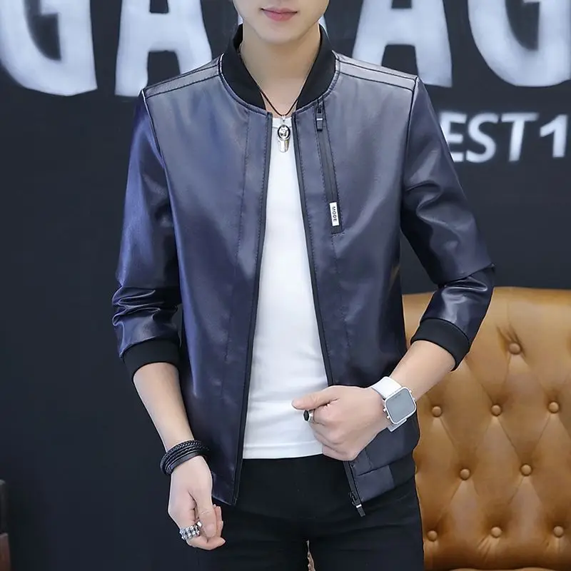 Insulated Men's PU Leather Jacket Warm Fleece Lined Baseball Collar Slim Fit Winter Coat for Cold Weather​