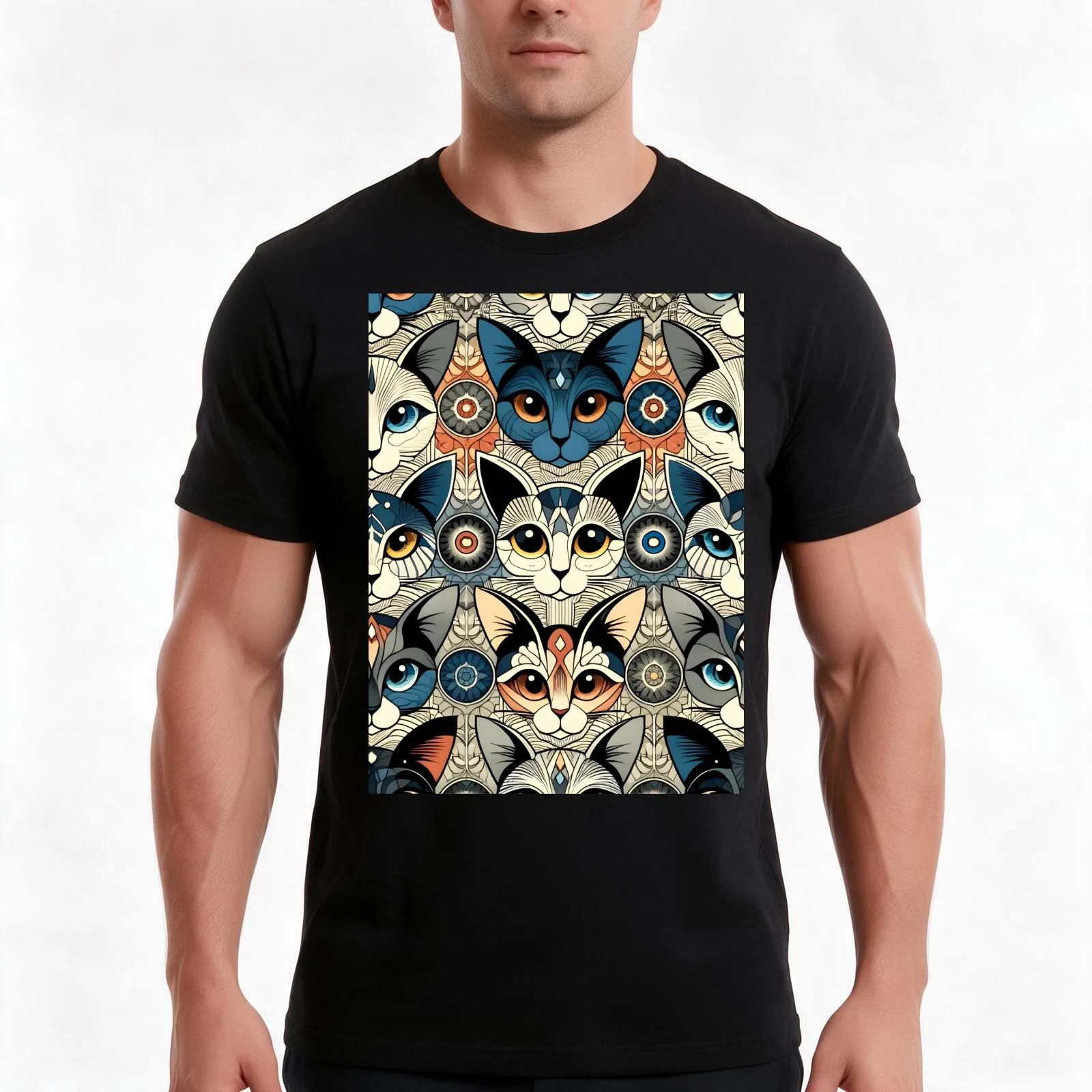 Folk Art Cat Illustration - Whimsical Feline Pattern Artwork T-Shirt Summer Casual Cotton Tee Oversized Streetwear Tops