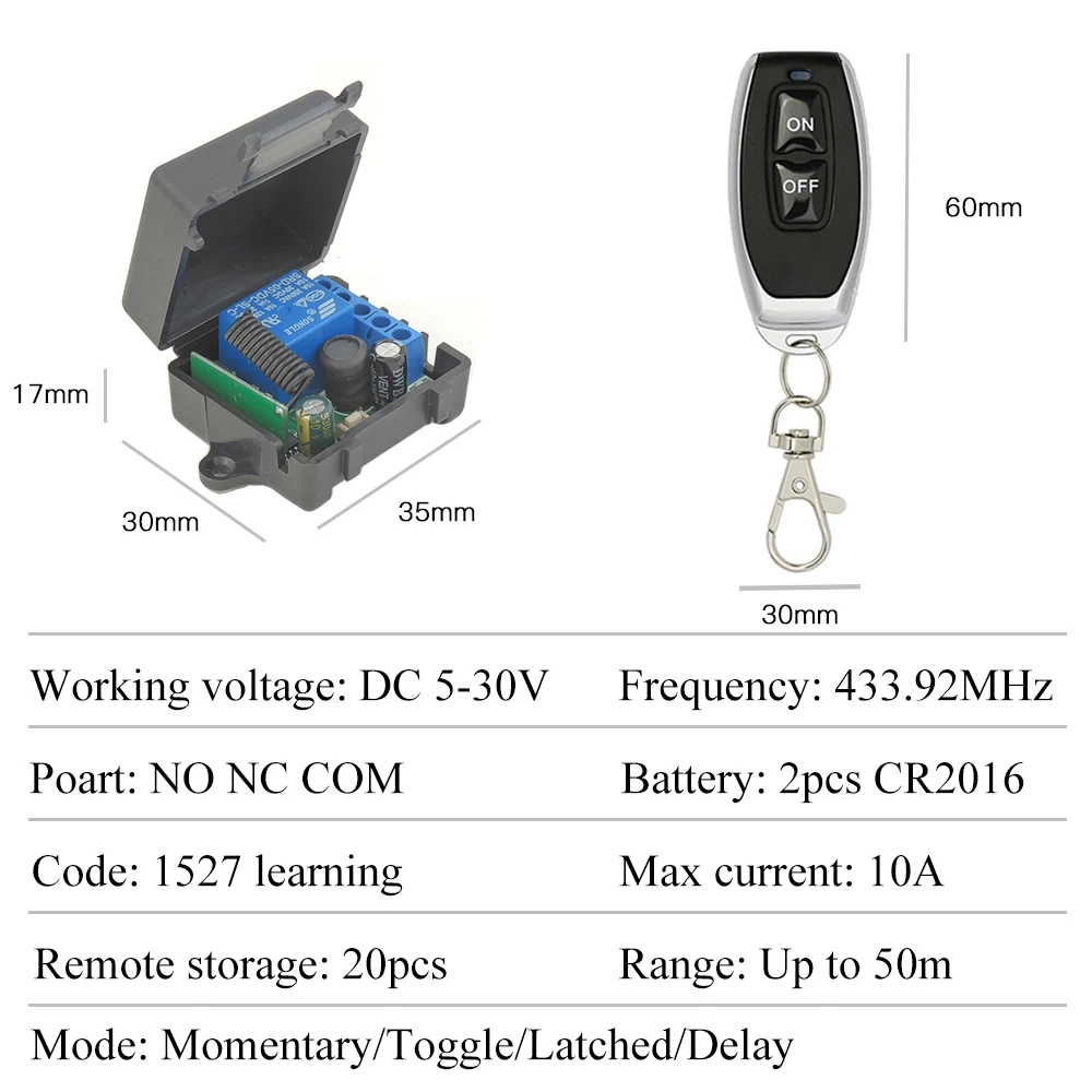 TEDELIGO 433Mhz Wireless Remote Control Switch DC 5V 12V 24V 1CH 10A Relay Receiver Transmitter for Elec-lock,Light,Car,ON OFF