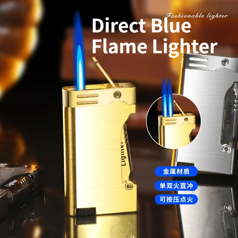 

Side Press Windproof Blue Flame Straight Jet Lighter Inflatable Internet Celebrity Lighter Dual Flame Cigar Specific Lighter