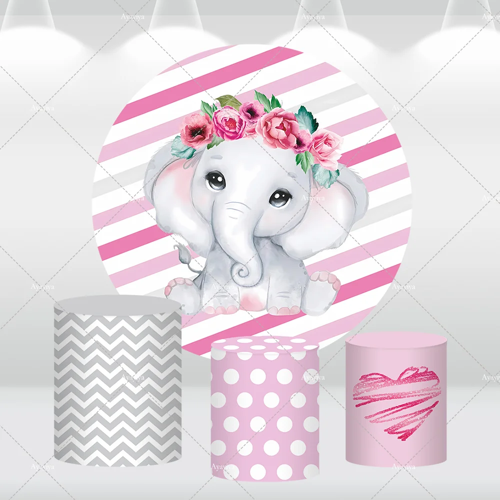 

Pink Girls Baby Shower Decoration Cartoon Elephant Birthday Party Round Circle Backdrop Cover Photography Background Props