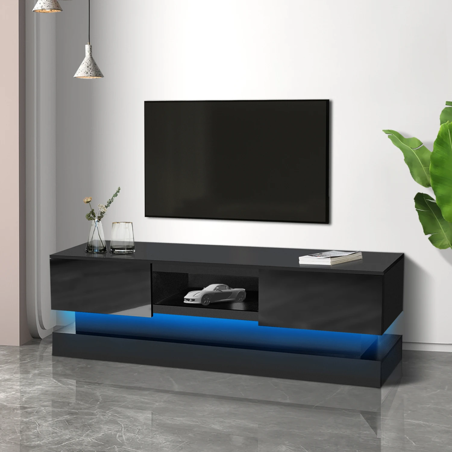 Soporte para TV moderno NEGRO de 63 pulgadas con luces LED, mueble para TV frontal de alto brillo, se puede montar en salón, sala de estar o dormitorio