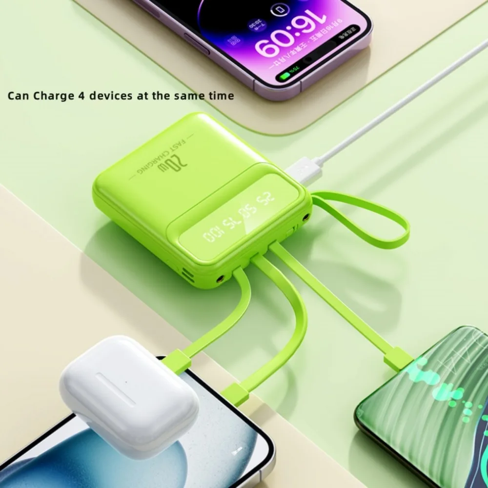 20000mah Portable LED Display Power Bank  Comes with 4 Lines Built-in Cables Powerbank Colorful Beauty Phone Power Banks