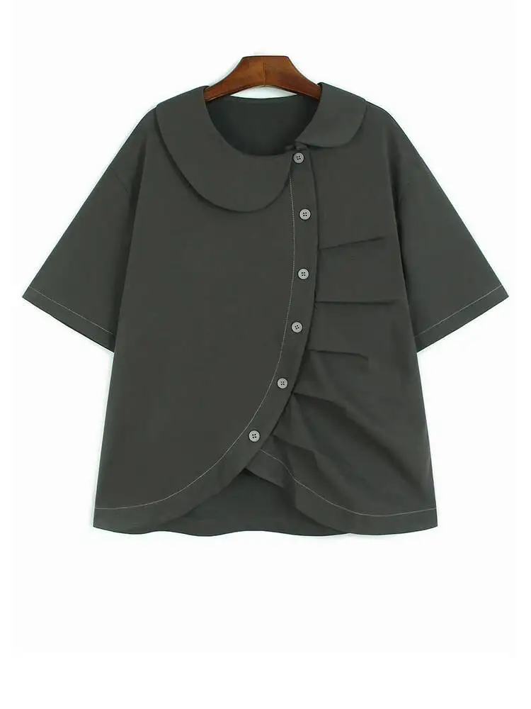 

Pleated Women Green Irregular Big Size Blouse New Lapel Short Sleeve Shirt Fashion Spring Summer 2026 L4IM