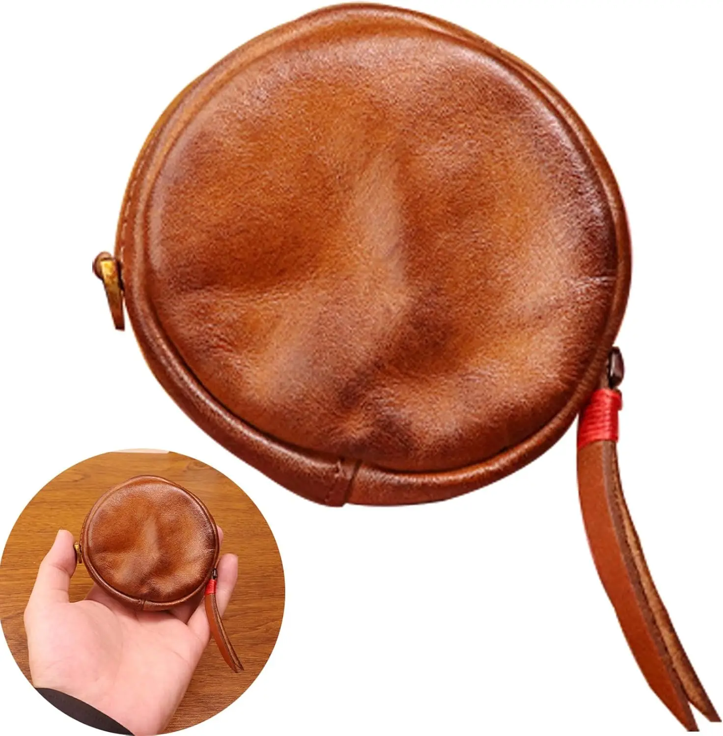 新しいレザーファスナー式小銭入れ、丸型財布、コイン収納、お金入れ、個性的なコインケース、女性＆男性向け