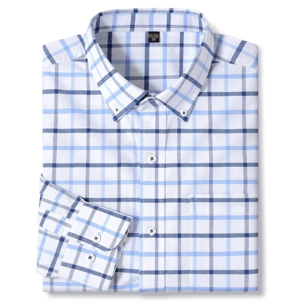 Men Cotton Oxford Long-Sleeve Button Down Casual Dress Shirt with Pocket, Striped Checked Shirts Luxury Slim Designer Clothing