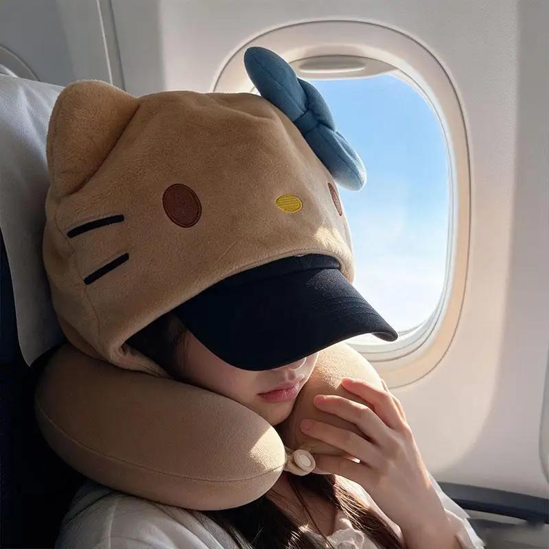Hello Kitty Hooded Travel Neck Pillow Cute Plush U Shaped Pillow for Airplane Car Nap Portable Headrest with Hood Girls Gift