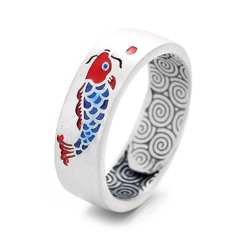 822FJ ZFSILVER Silver S990 Fashion Luxury Trendy Adjustable Retro Red Color Enamel Carp Fish Ring For Girl Women Wedding Jewelry