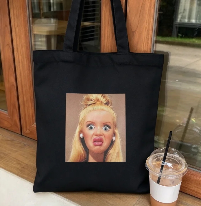 2026 new Canvas Tote Bag Square Frame Brown Hair Doll Portrait Print Large Capacity Shoulder Bag Casual Daily Shopping Handbag