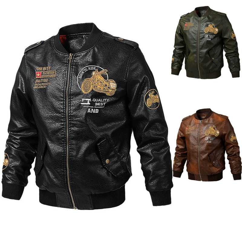 Men's Fashion PU Leather Motorbike Jacket Autumn Winter Retro Long Sleeves Embroidery Motorcycle Jackets Man Casual Outcoat