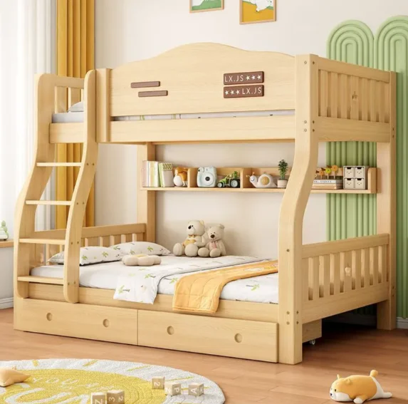 

#Solid Wood Modern Double Bunk Bed With Storage For Small Apartment Children
