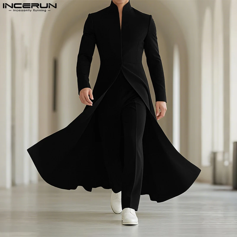 INCERUN Men Blazer Solid Color Stand Collar Long Sleeve Ruffle Long Style Blazer Men Streetwear Autumn 2025 Fashion Male Suits